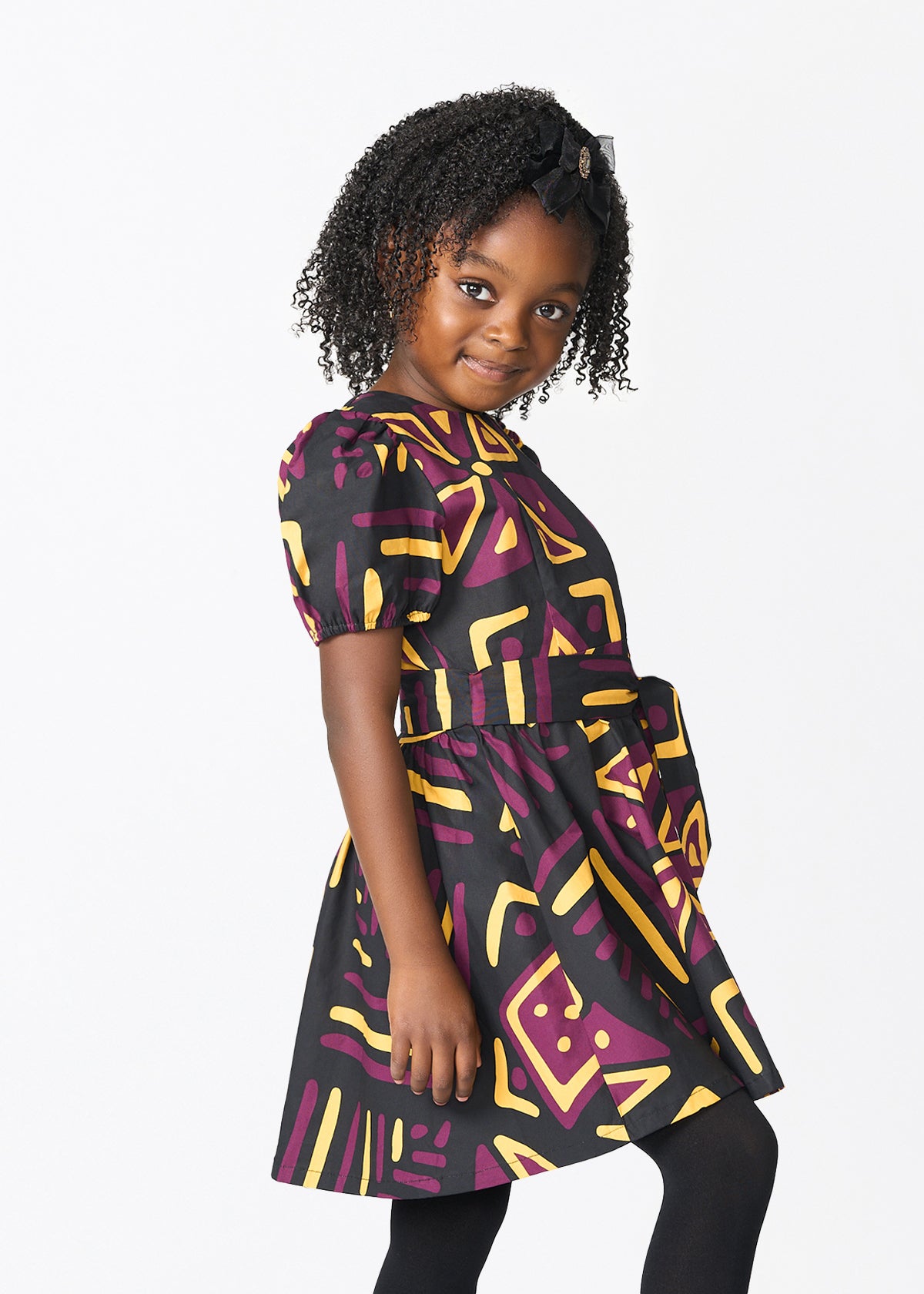 Banela Girl's African Print Dress (Plum Black Tribal) - D'IYANU