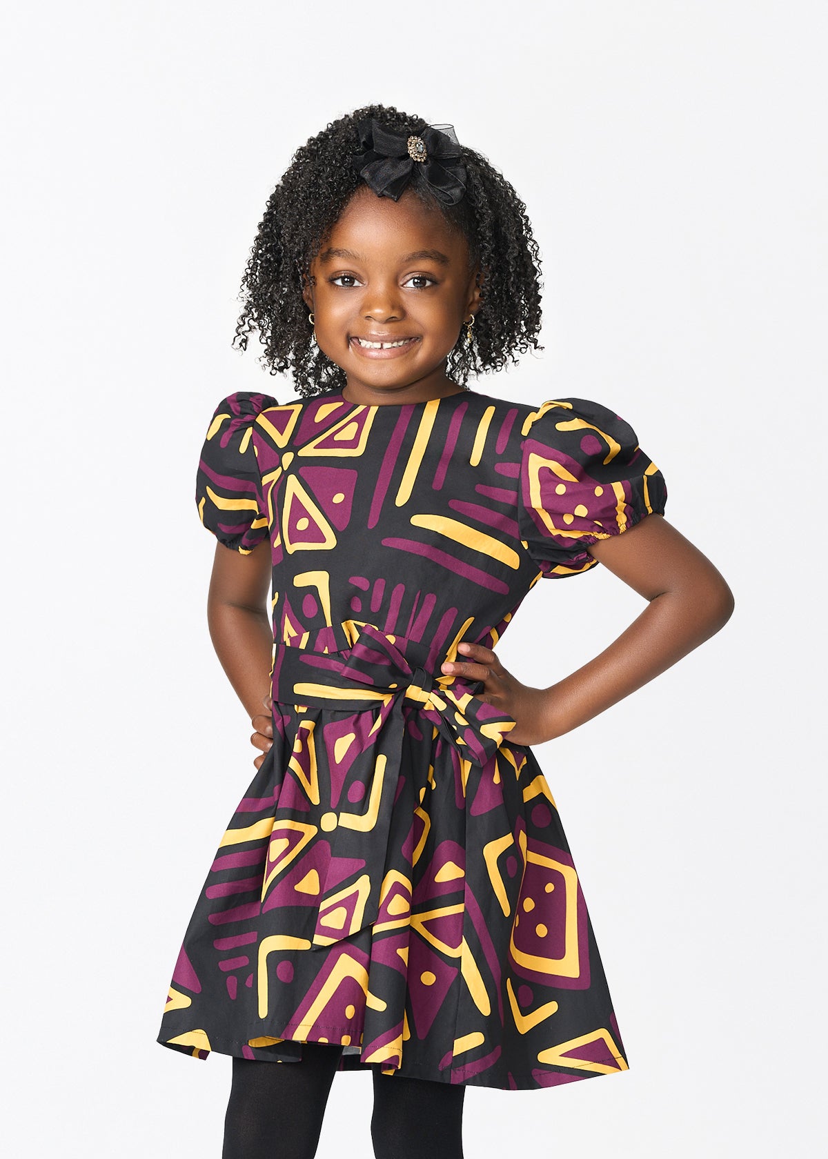 Banela Girl's African Print Dress (Plum Black Tribal) - D'IYANU
