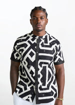 Bolaji Men's African Print Mandarin Button-Up Shirt (Onyx Cream Tribal) - D'IYANU