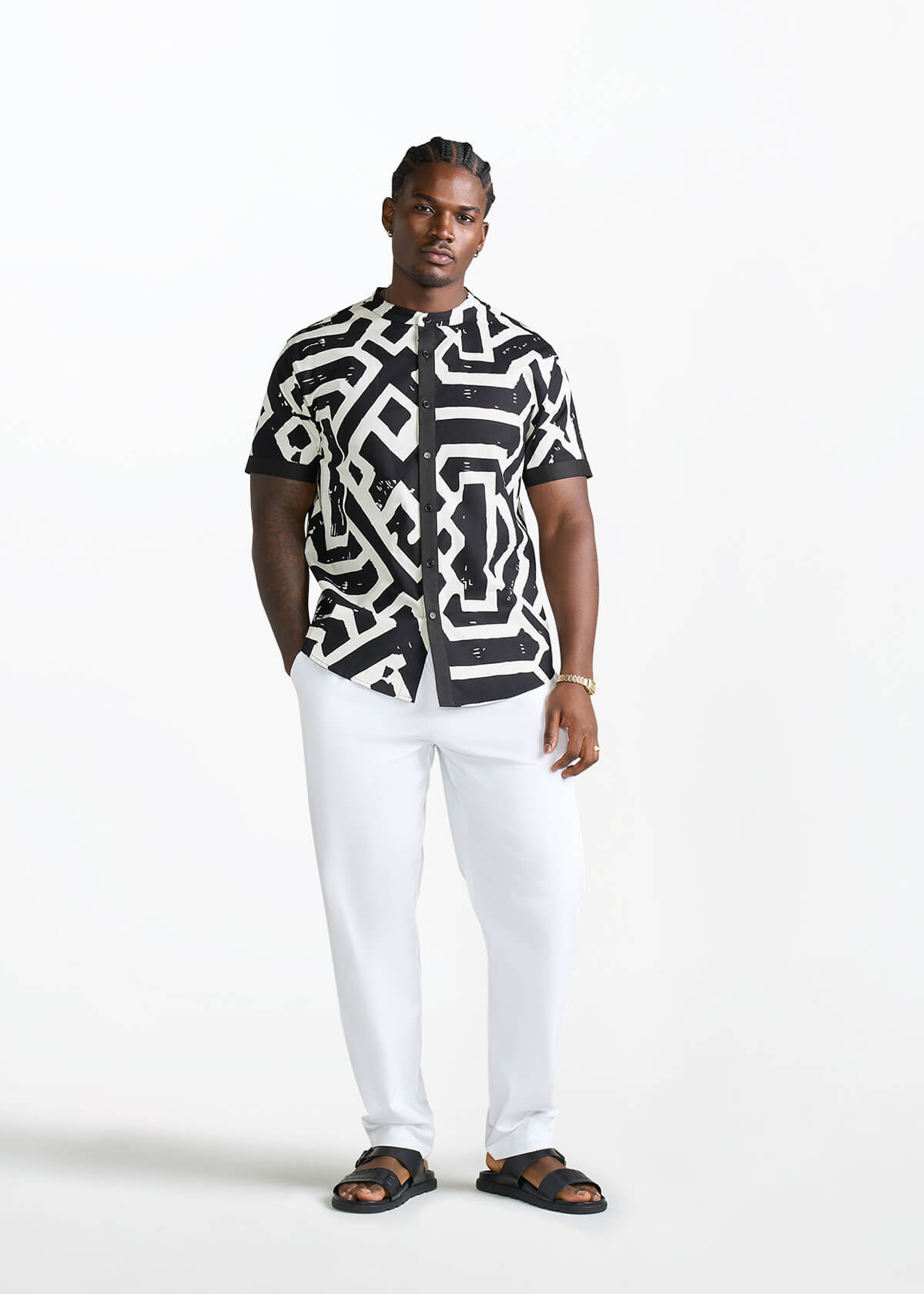 Bolaji Men's African Print Mandarin Button-Up Shirt (Onyx Cream Tribal) - D'IYANU