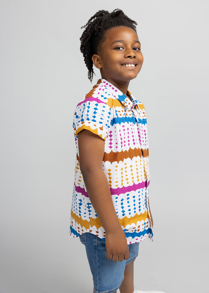 Chuks Boy's African Print Button-Up Shirt (White Nautical Adire)