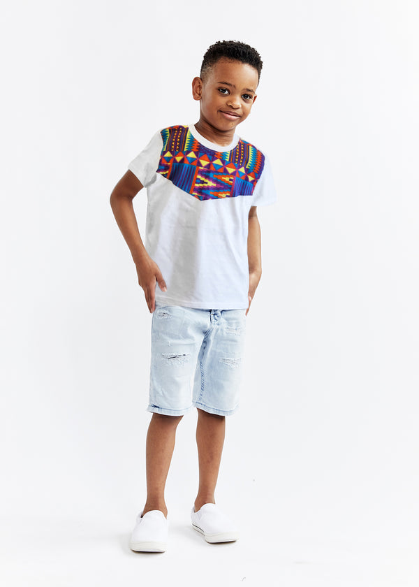 Haji Kid's Unisex African Print T-shirt (White/Rainbow Kente)
