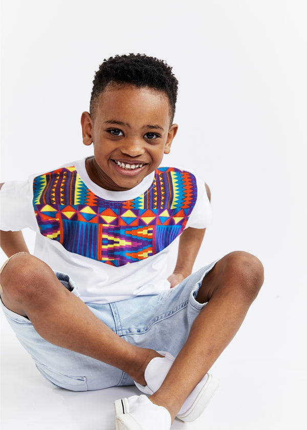 Haji Kid's Unisex African Print T-shirt (White/Rainbow Kente)