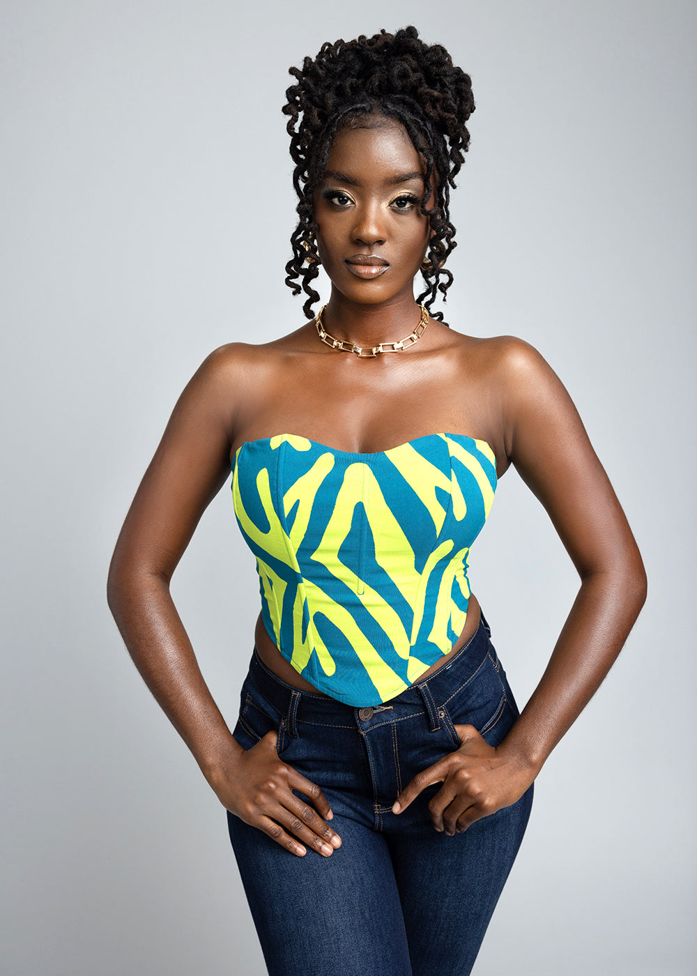 Caimile Women's African Print Stretch Corset (Lime Zebra Abstract)