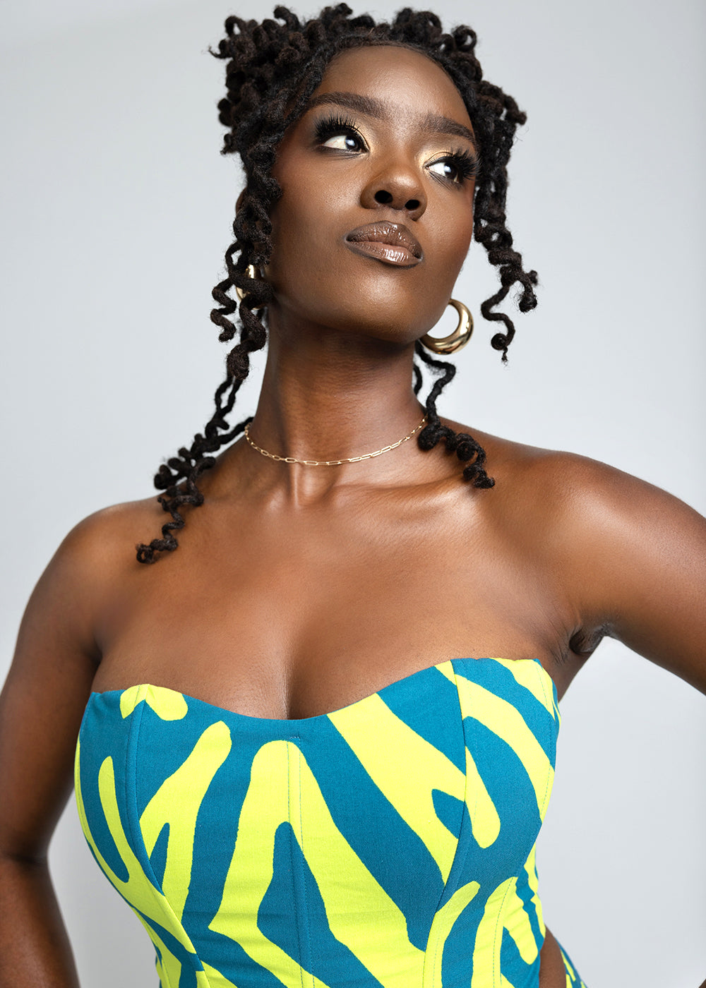 Caimile Women's African Print Stretch Corset (Lime Zebra Abstract)