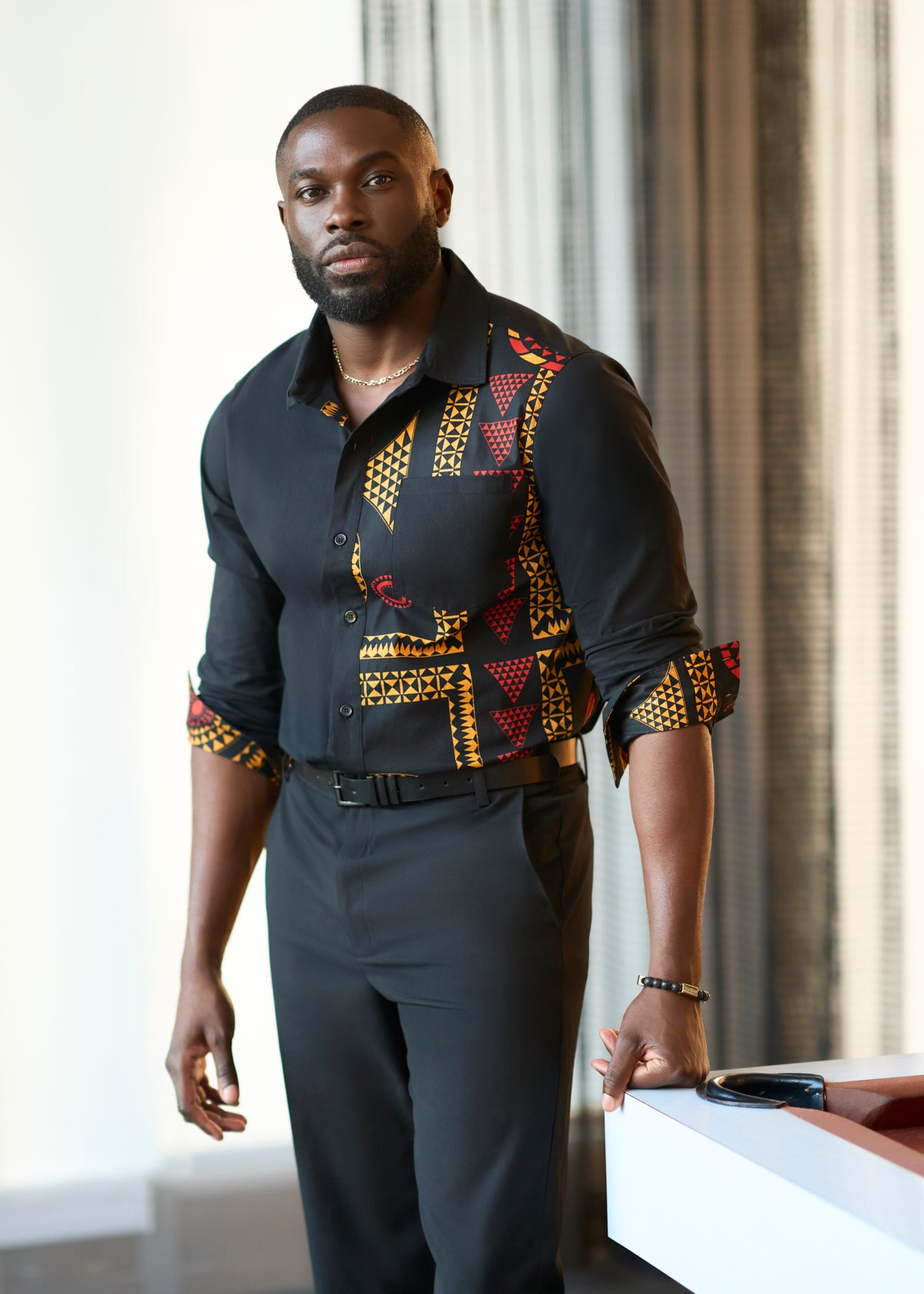 Abiade African Print Color-Blocked Button-up Shirt (Black Spice Medallion)