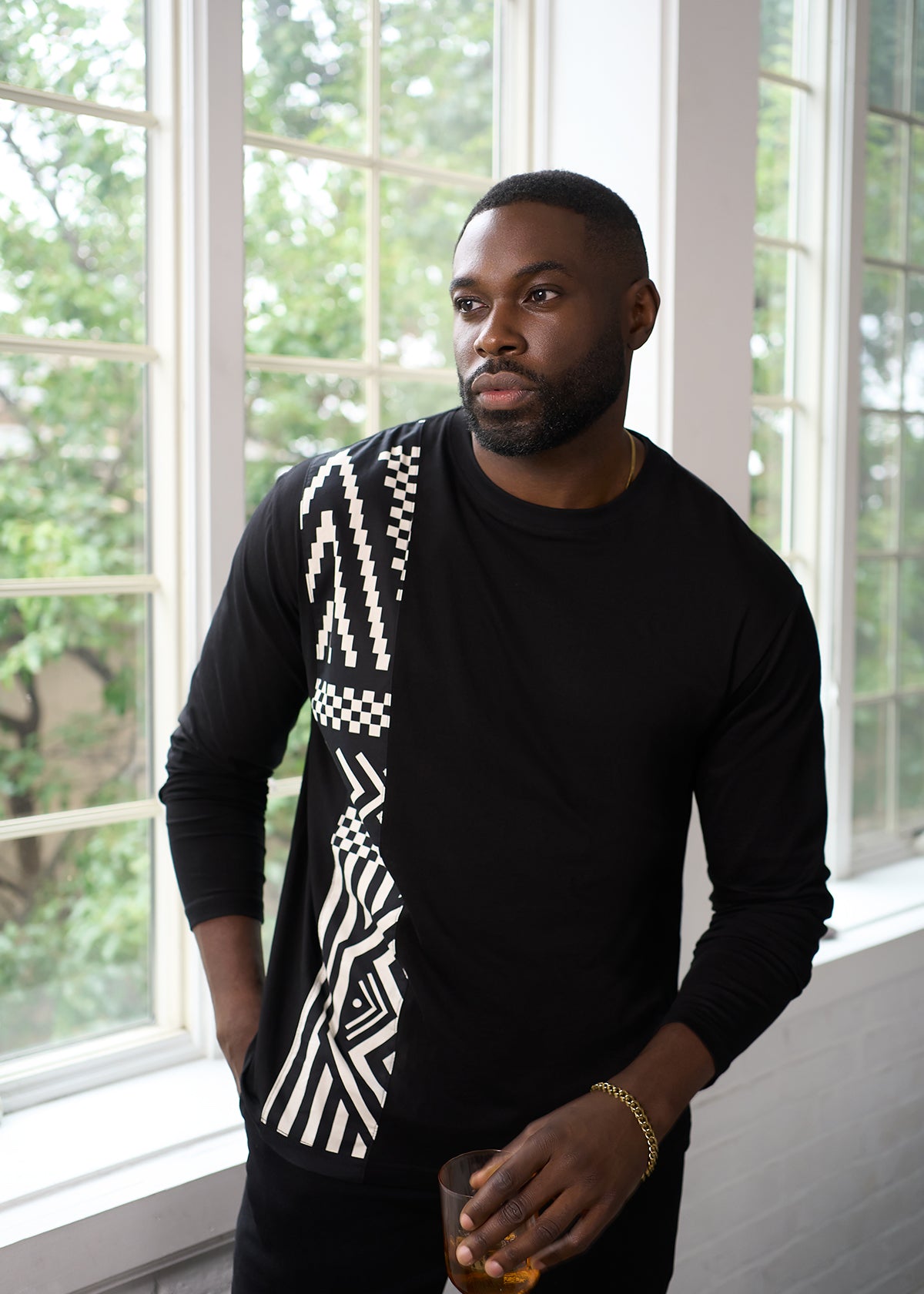 Addo Men's African Print Applique T-Shirt (Black Cream Tribal)