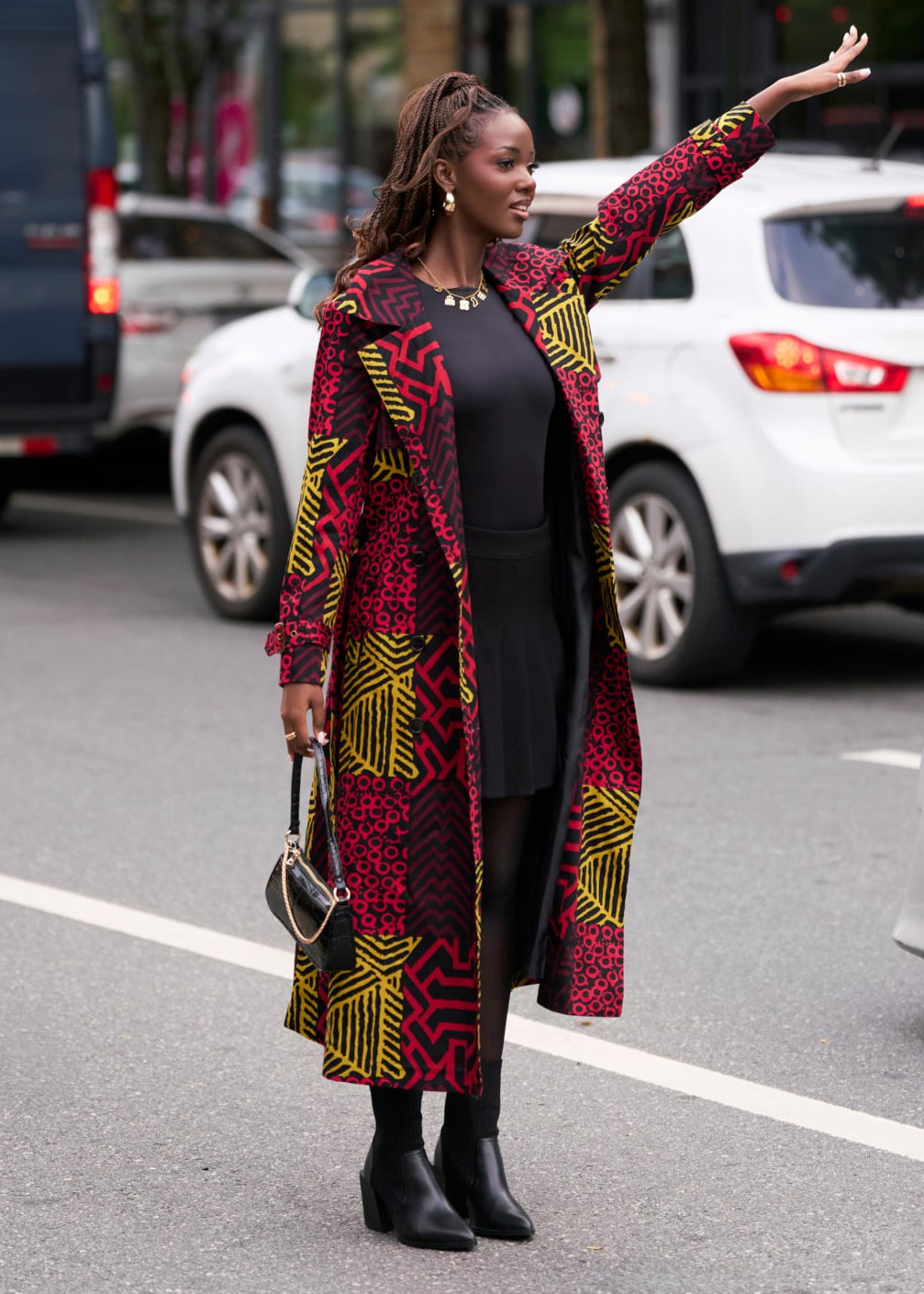 Ebony Women's African Print Utility Trench Coat (Black Cherry Multipattern)