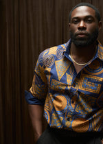 Mazi Men's African Print Button-up Shirt (Royal Blue Geometric) - D'IYANU