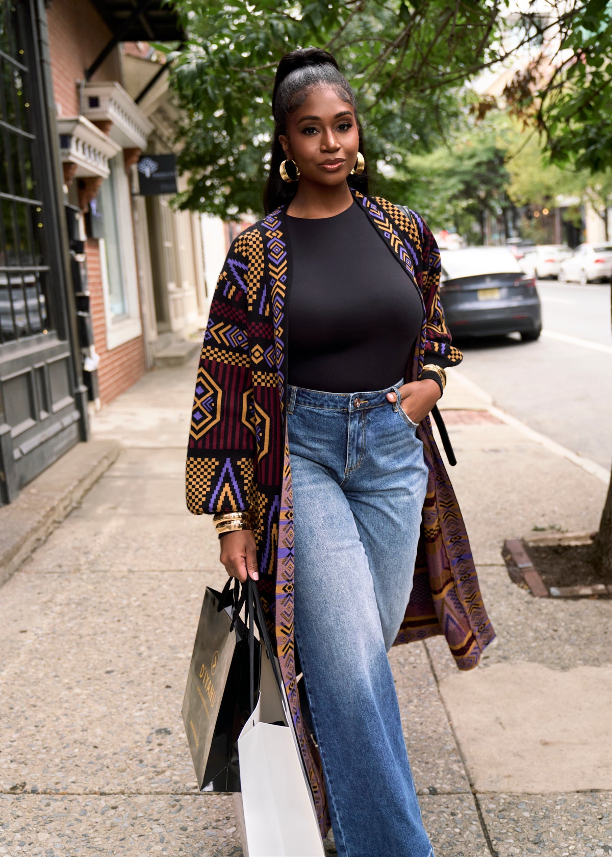 Oratile Women's African Print Cardigan (Black Burgundy Tribal)
