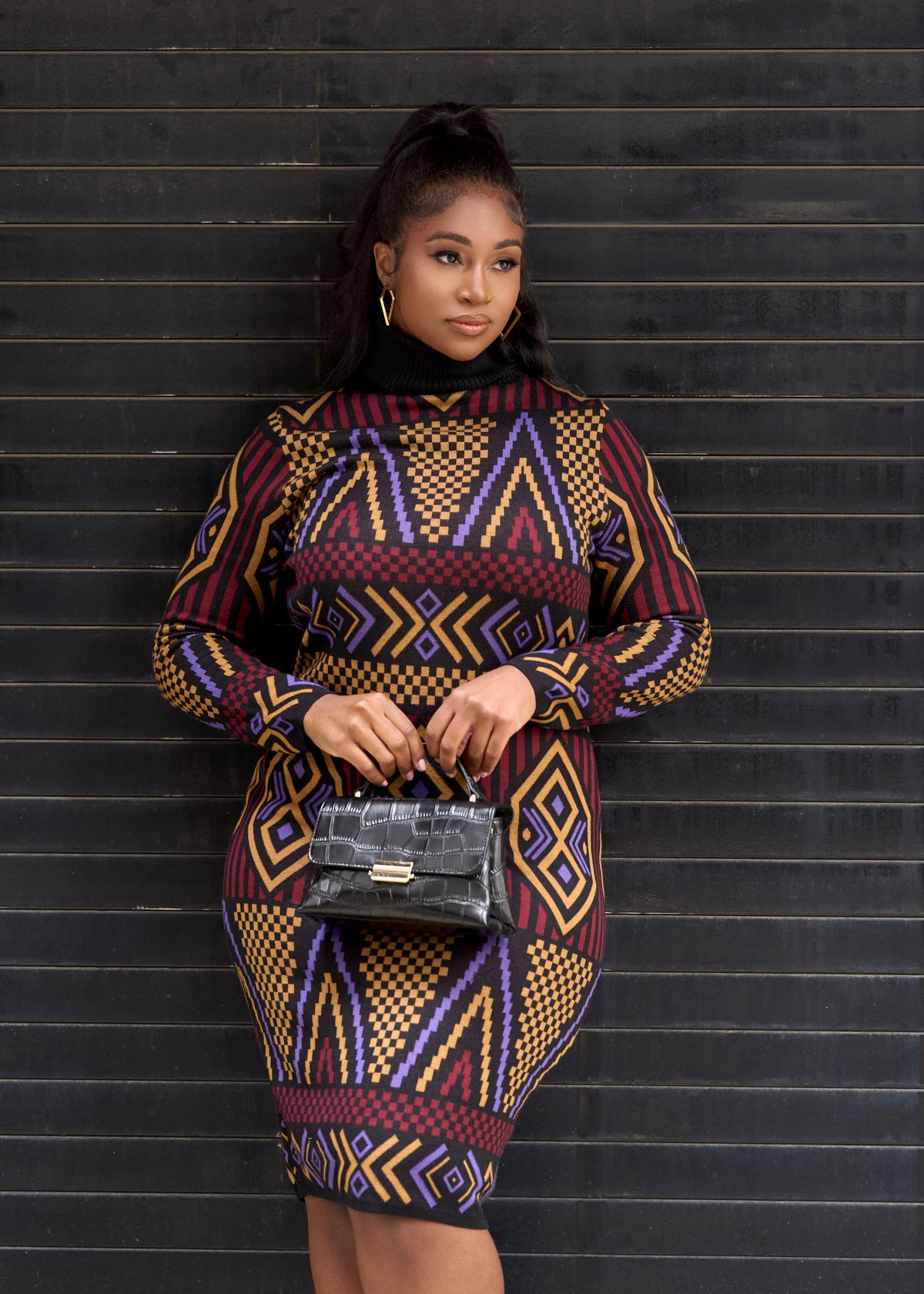 Palesa Women's African Print Turtleneck Sweater Dress (Black Burgundy Tribal) - D'IYANU