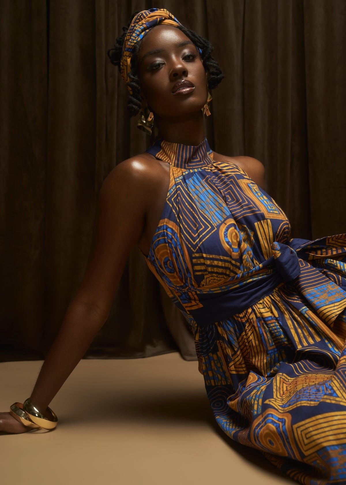 Women's African Print Head Wrap/Scarf (Royal Blue Geometric) - D'IYANU