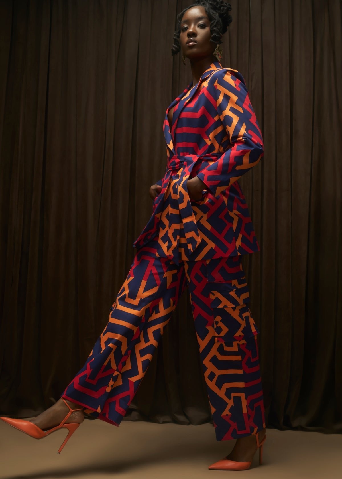 Yunma Women's African Print Twill Cargo Pants (Blue Flame Tribal) - D'IYANU