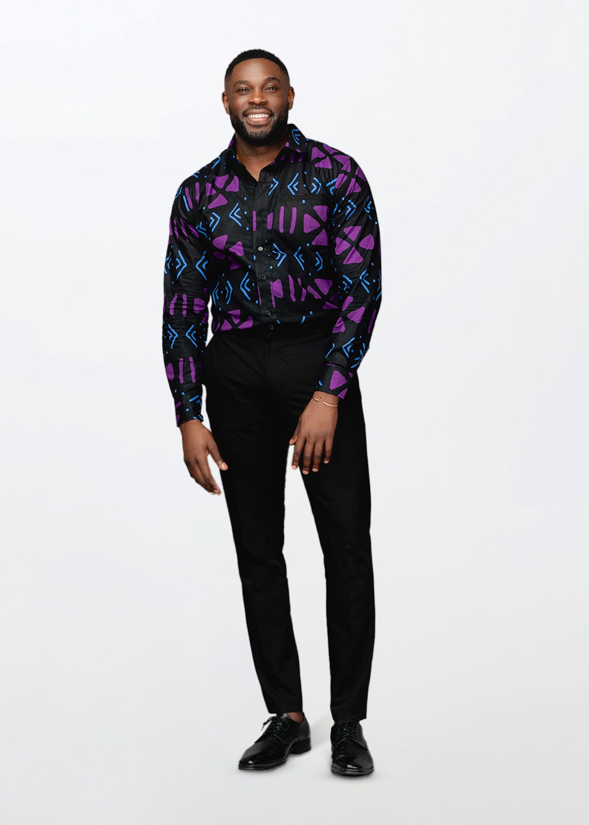 Chane Men's African Print Button-Up Shirt (Black Purple Mudcloth)