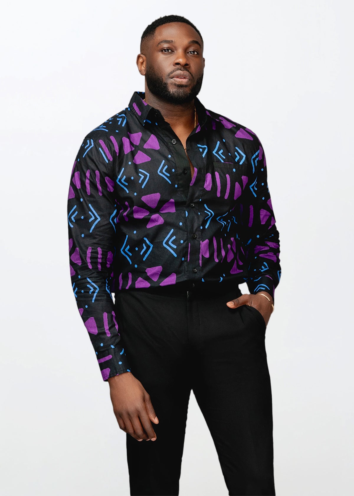 Chane Men's African Print Button-Up Shirt (Black Purple Mudcloth)