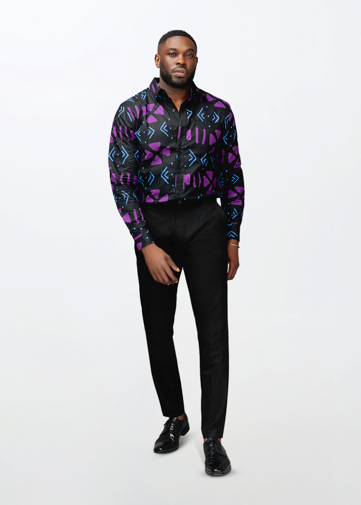 Chane Men's African Print Button-Up Shirt (Black Purple Mudcloth)