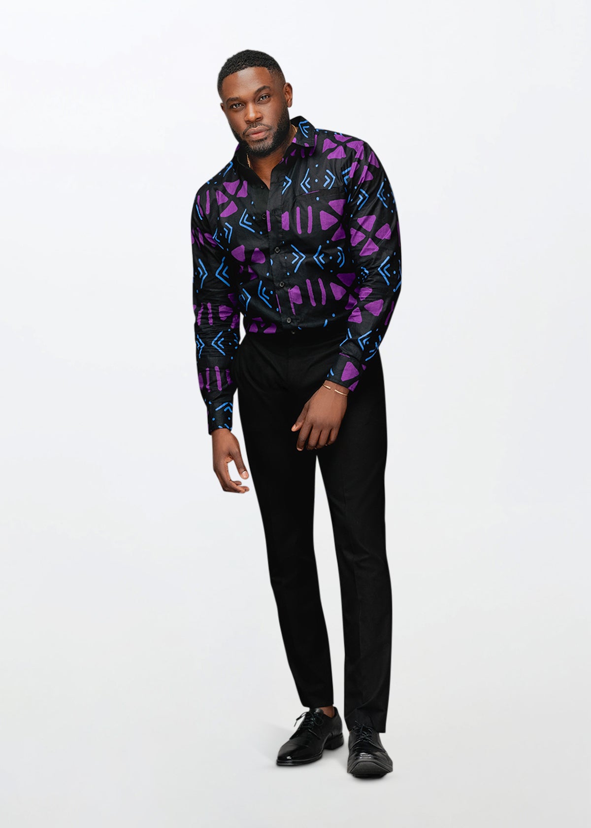 Chane Men's African Print Button-Up Shirt (Black Purple Mudcloth)