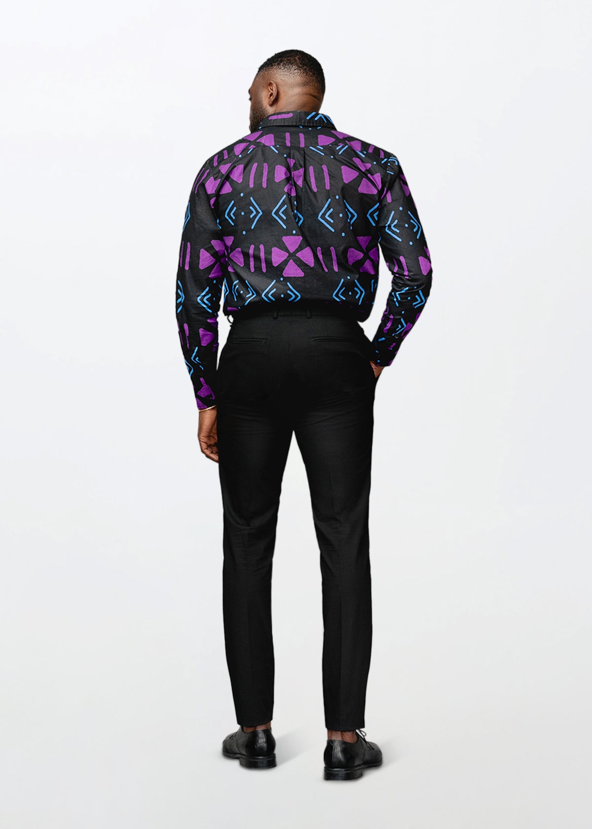 Chane Men's African Print Button-Up Shirt (Black Purple Mudcloth)
