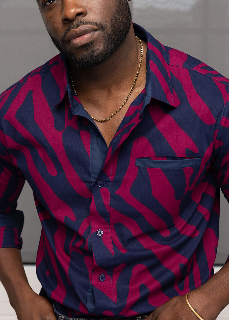 Chane Men's African Print Button-up Shirt (Berry Zebra Abstract)
