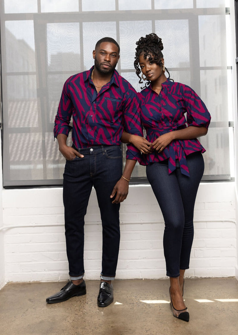 Chane Men's African Print Button-up Shirt (Berry Zebra Abstract)