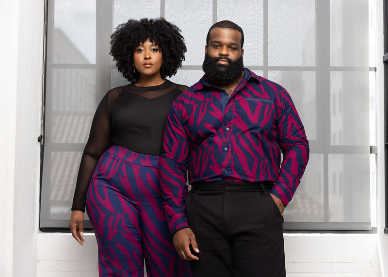 Chane Men's African Print Button-Up Shirt (Berry Zebra Abstract) - Clearance