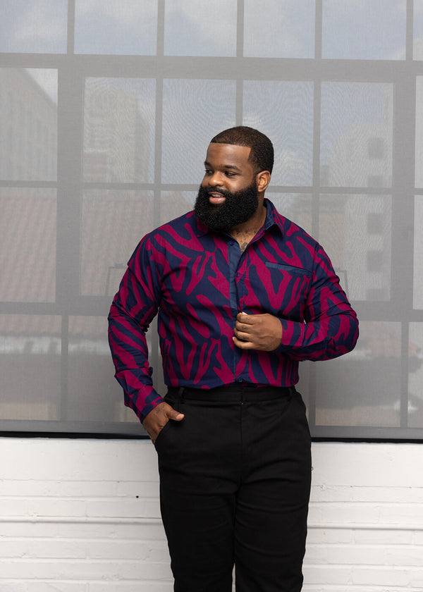 Chane Men's African Print Button-Up Shirt (Berry Zebra Abstract)