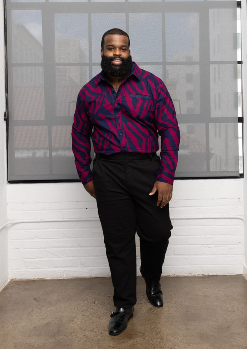 Chane Men's African Print Button-up Shirt (Berry Zebra Abstract)
