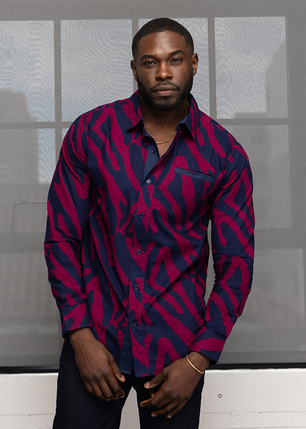Chane Men's African Print Button-Up Shirt (Berry Zebra Abstract) - Clearance