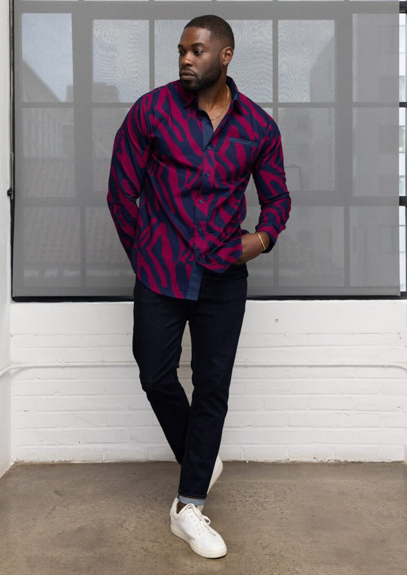 Chane Men's African Print Button-up Shirt (Berry Zebra Abstract)