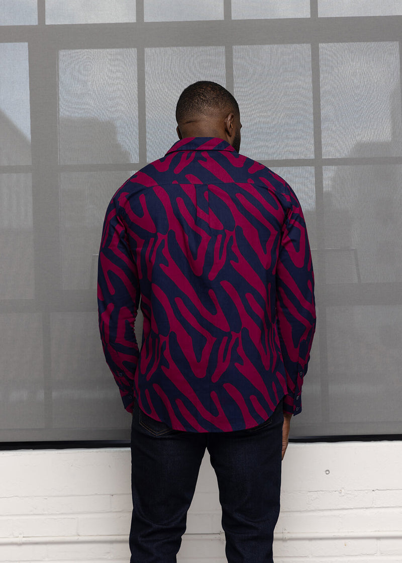 Chane Men's African Print Button-Up Shirt (Berry Zebra Abstract) - Clearance