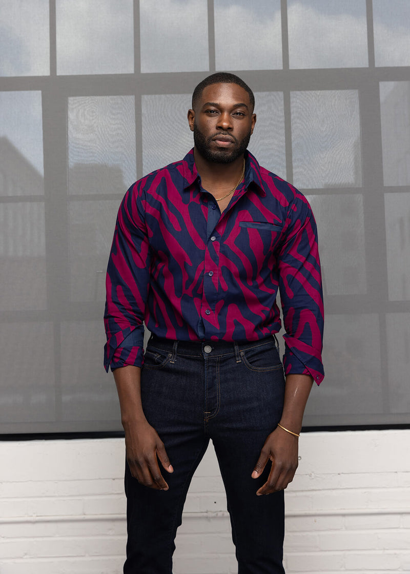 Chane Men's African Print Button-up Shirt (Berry Zebra Abstract)