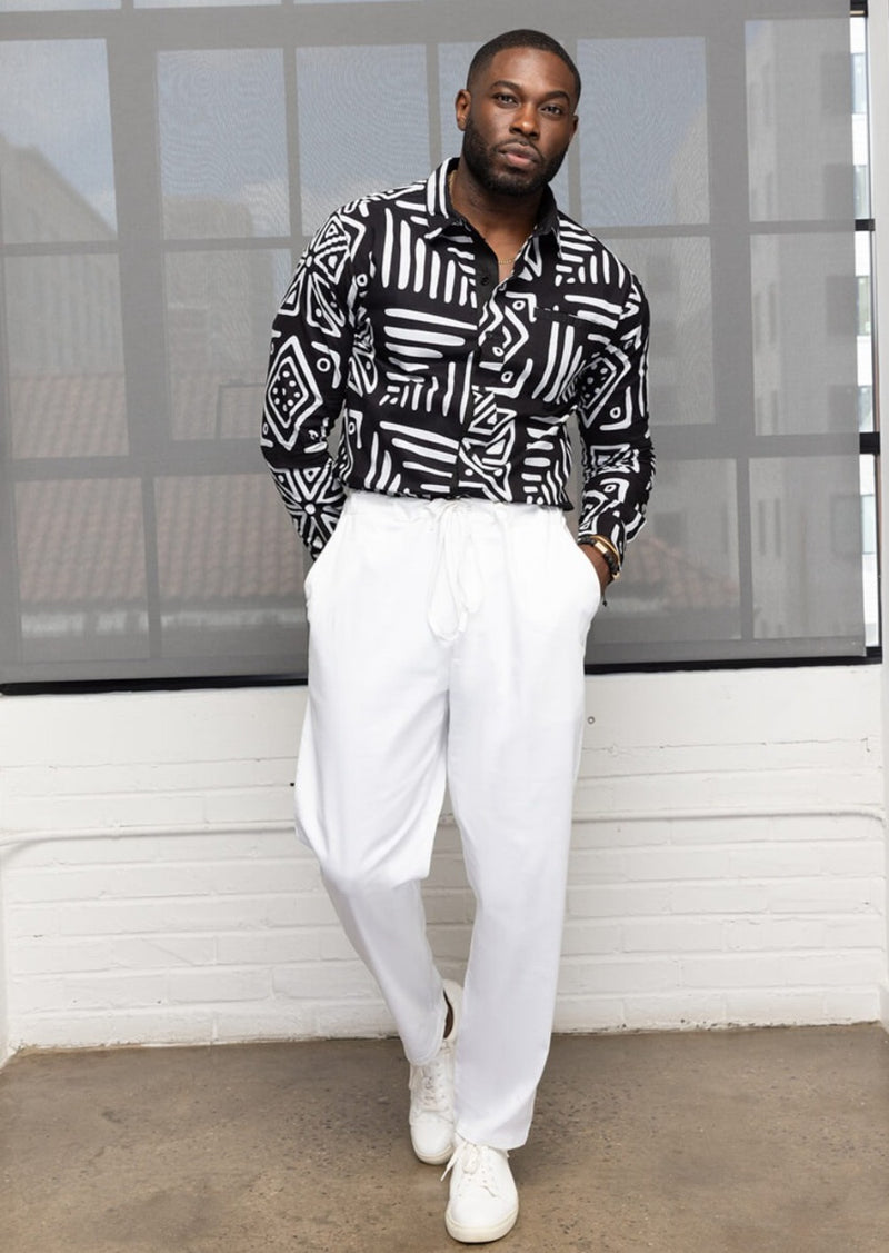 Chane Men's African Print Button-Up Shirt (Grayscale Tribal) – D'IYANU