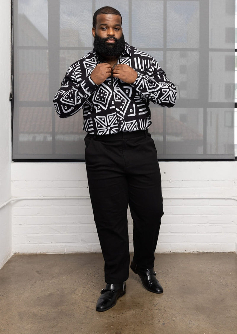 Chane Men's African Print Button-up Shirt (Grayscale Tribal)
