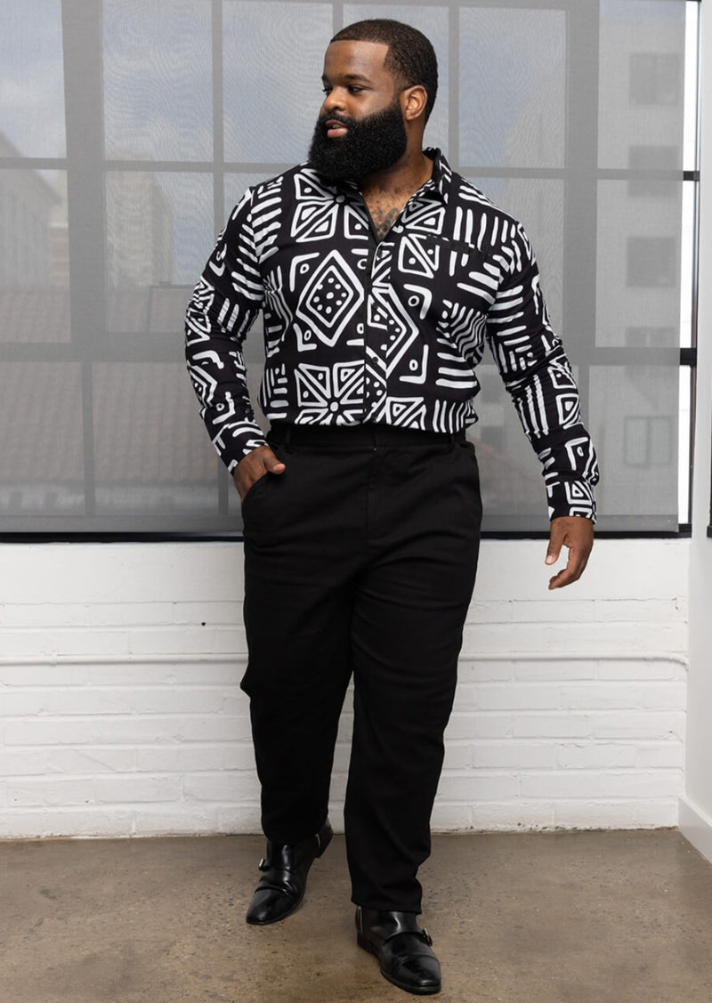 Chane Men's African Print Button-up Shirt (Grayscale Tribal)