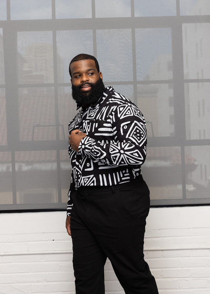 Chane Men's African Print Button-up Shirt (Grayscale Tribal)