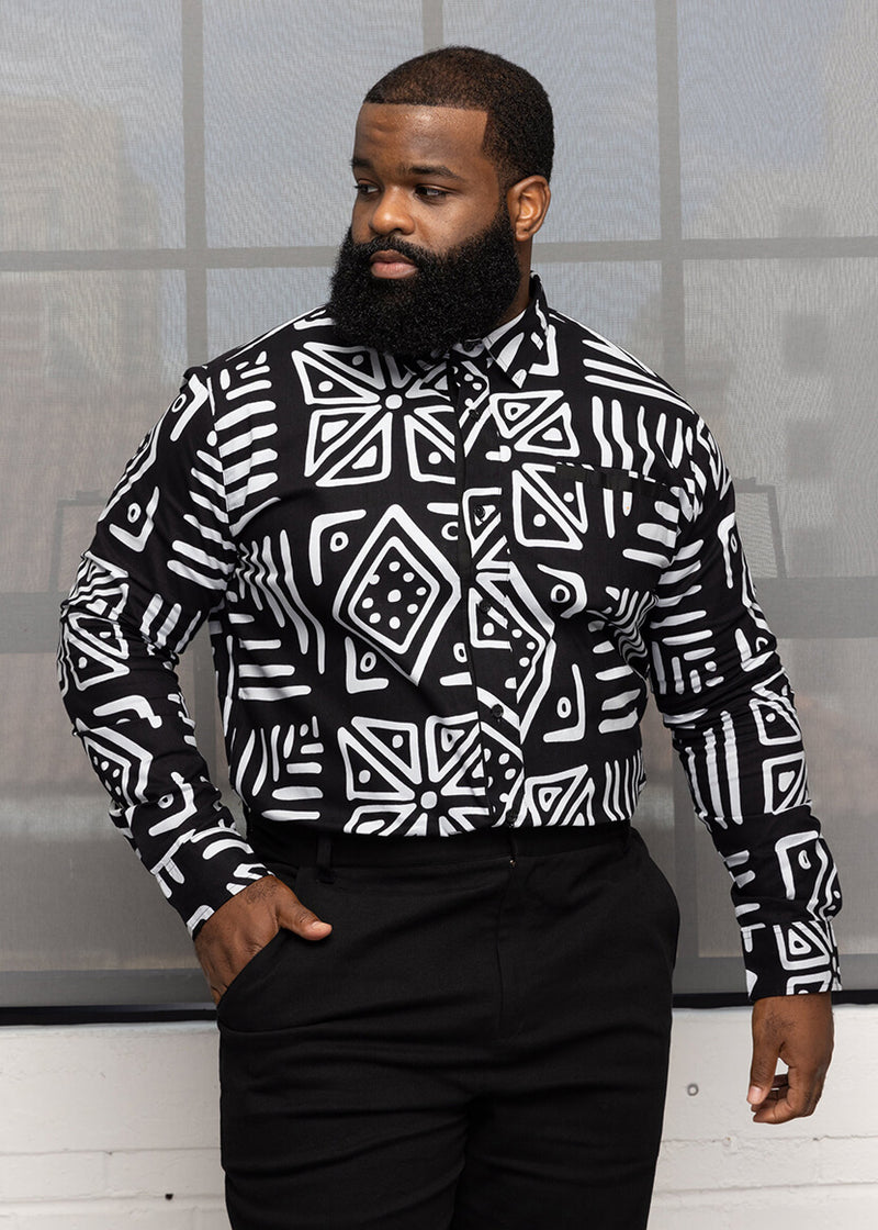 Chane Men's African Print Button-Up Shirt (Grayscale Tribal)