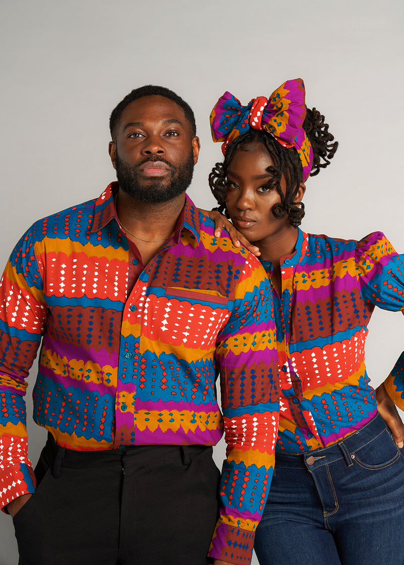 Chane Men's African Print Button-up Shirt (Orange Teal Adire)
