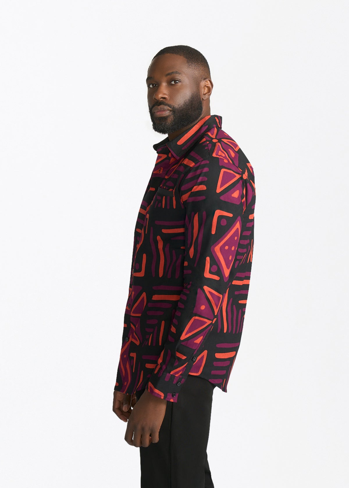 Chane Men's African Print Button-Up Shirt (Black Peach Tribal) - D'IYANU