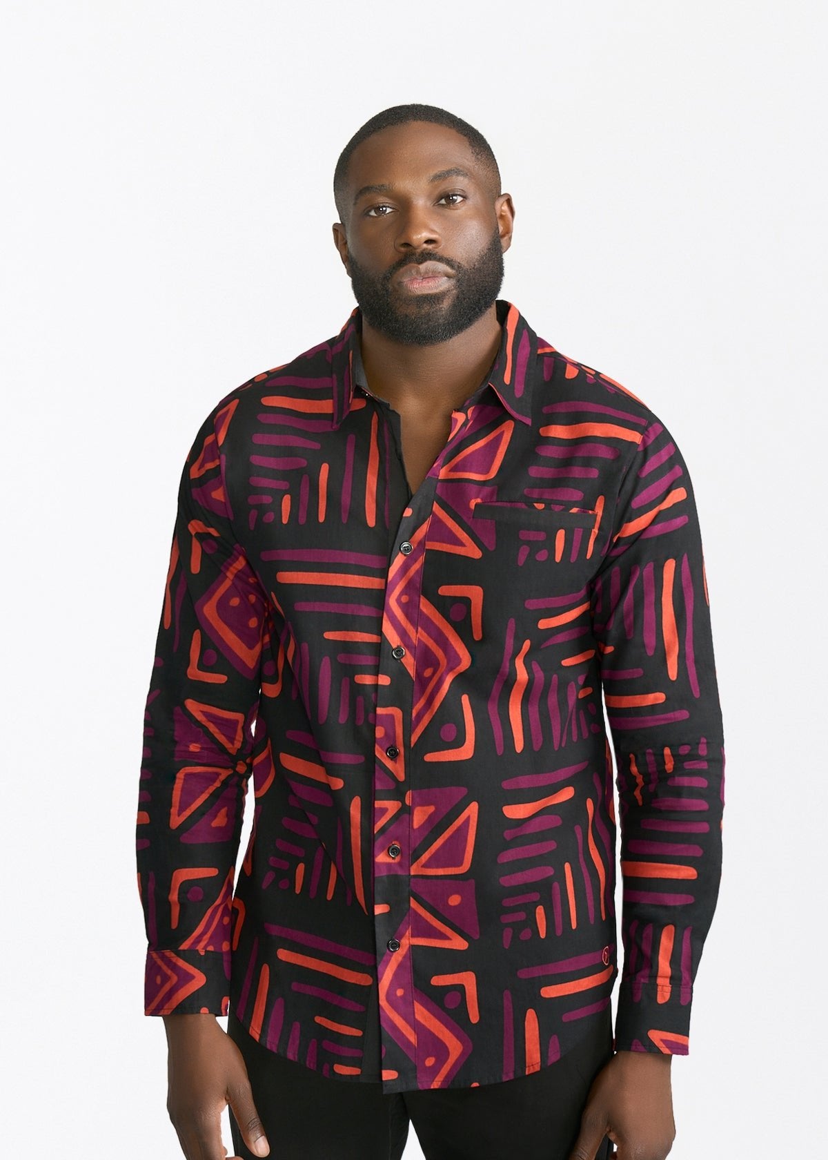 Chane Men's African Print Button-Up Shirt (Black Peach Tribal) - D'IYANU