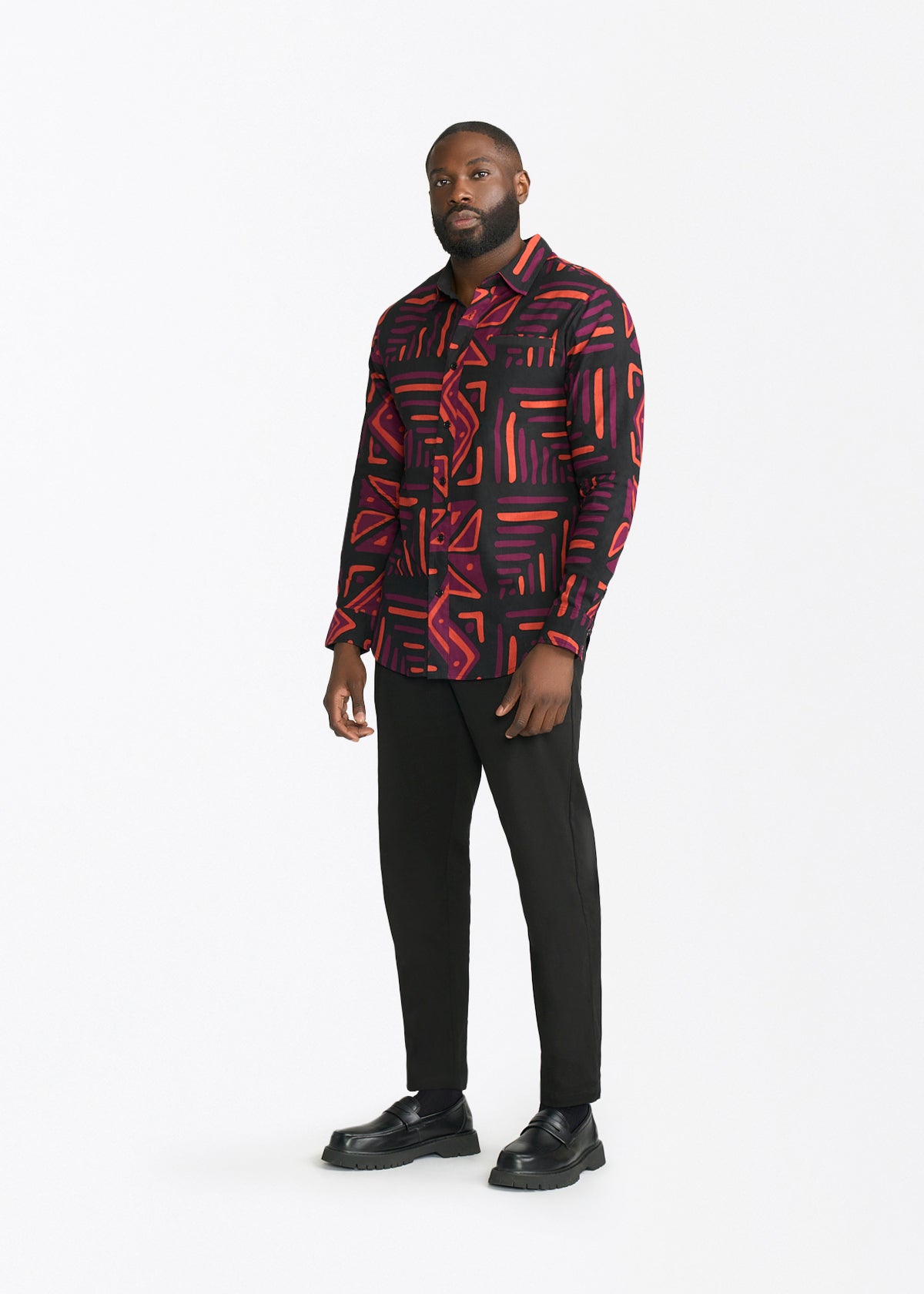 Chane Men's African Print Button-Up Shirt (Black Peach Tribal) - D'IYANU