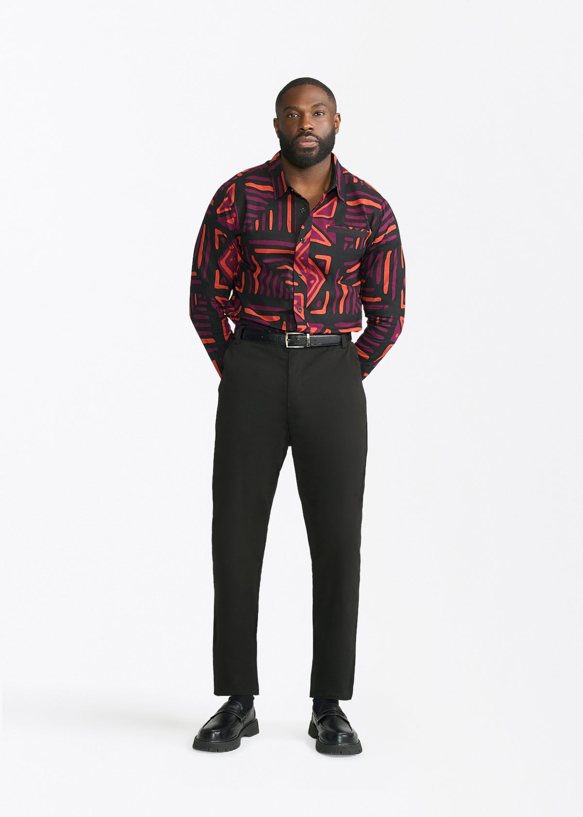 Chane Men's African Print Button-Up Shirt (Black Peach Tribal) - D'IYANU