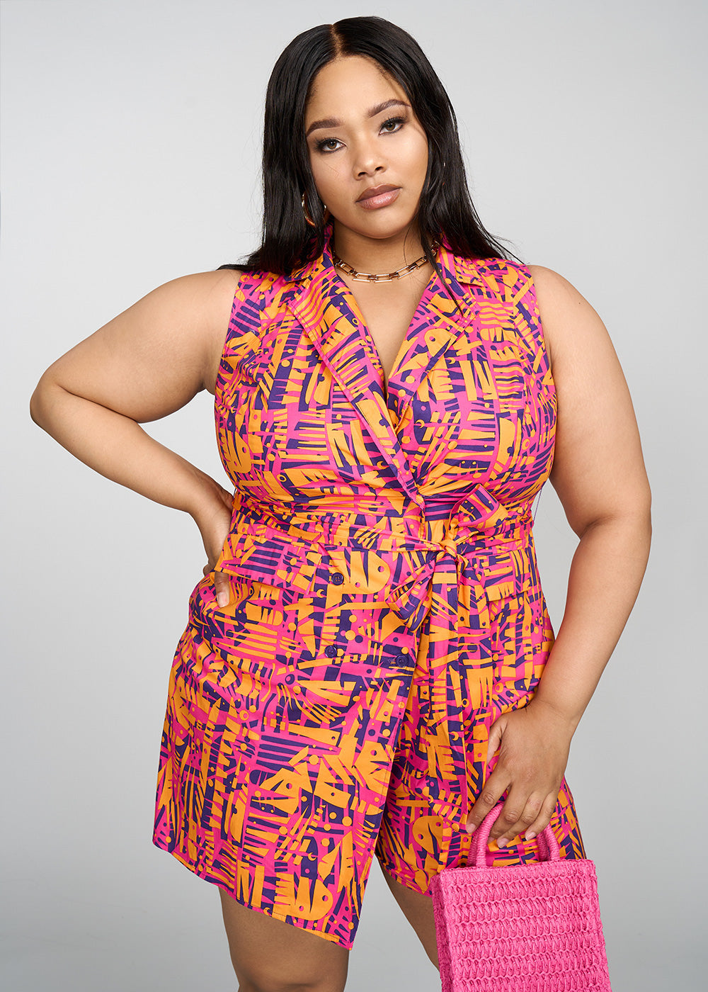 Chichima Women's African Print Blazer Romper (Orange Abstract Leaves)