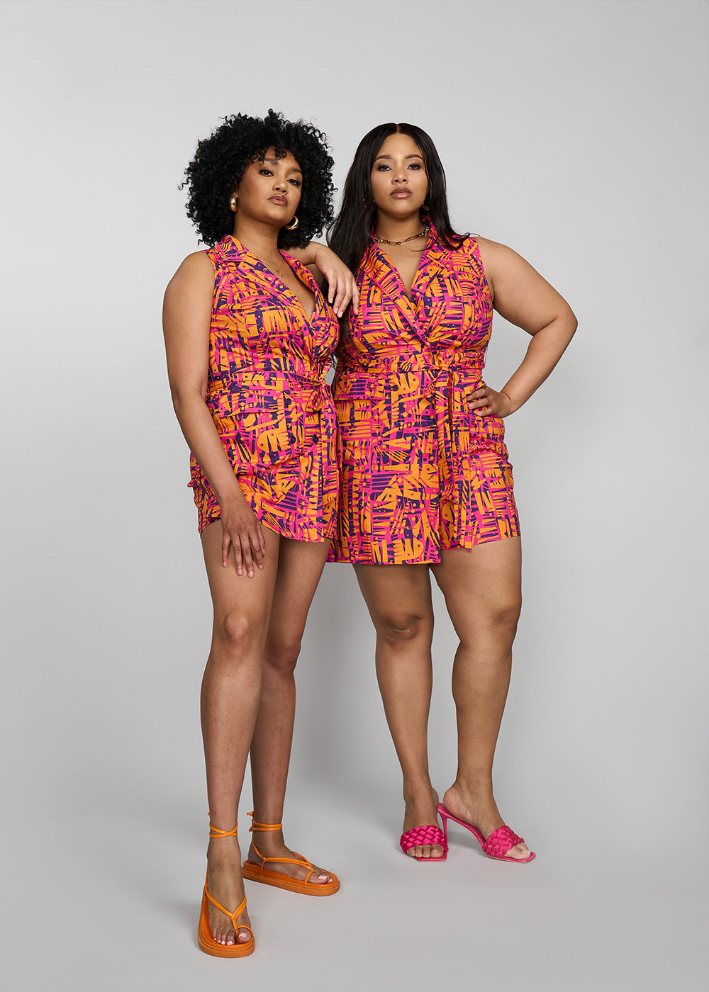 Chichima Women's African Print Blazer Romper (Orange Abstract Leaves)