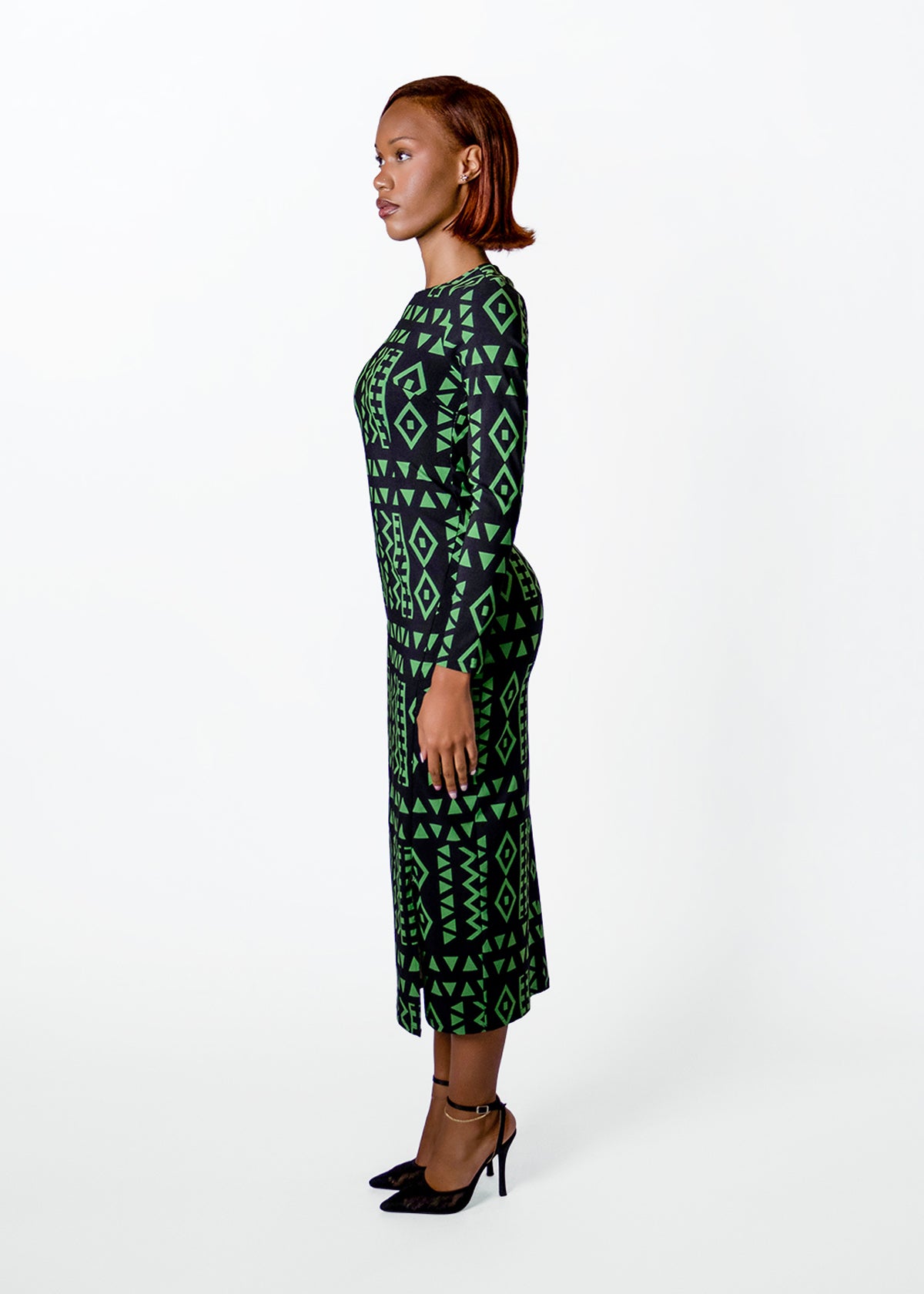 Chidima Women's African Print Fitted Dress (Moss Black Geometric)