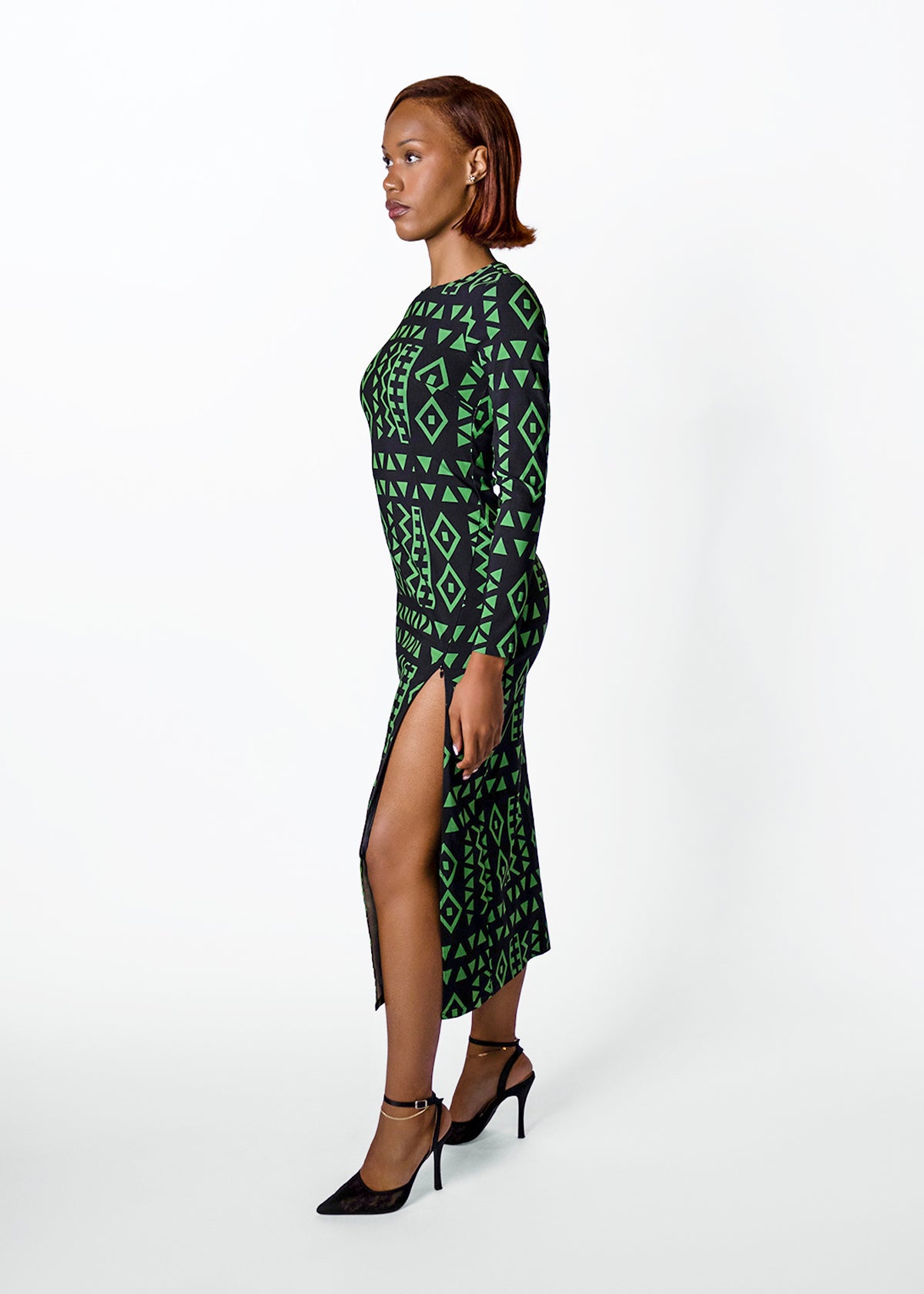 Chidima Women's African Print Fitted Dress (Moss Black Geometric)