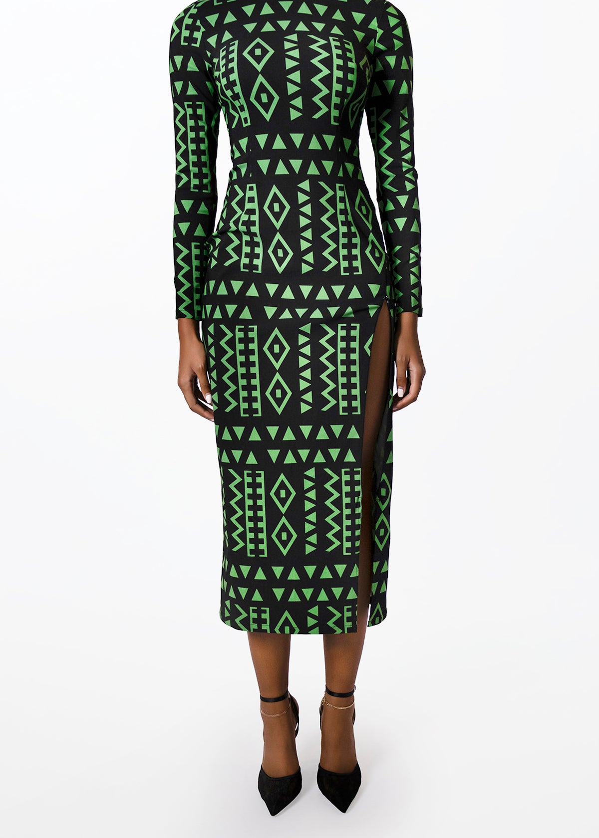 Chidima Women's African Print Fitted Dress (Moss Black Geometric)