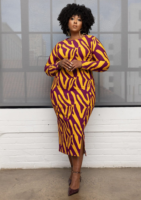 Chidima Women's African Print Stretch Midi Dress (Gold Zebra Abstract) - Clearance