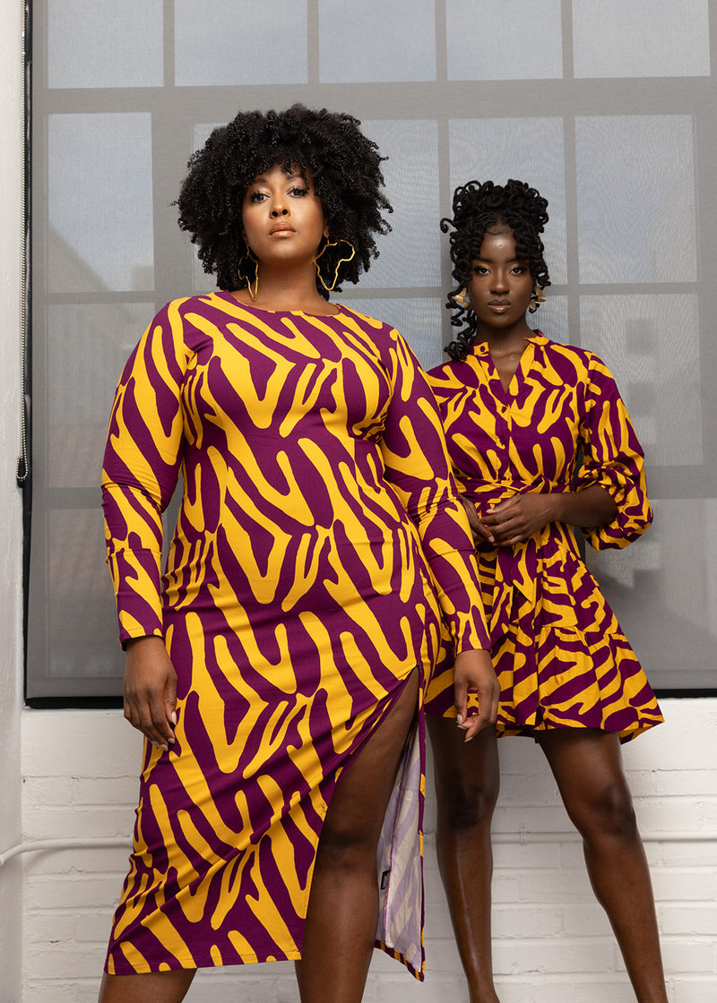 Chidima Women's African Print Stretch Tunic Dress (Gold Zebra Abstract)
