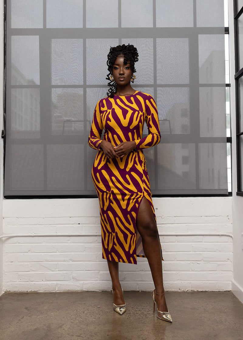 Chidima Women's African Print Stretch Midi Dress (Gold Zebra Abstract) - Clearance