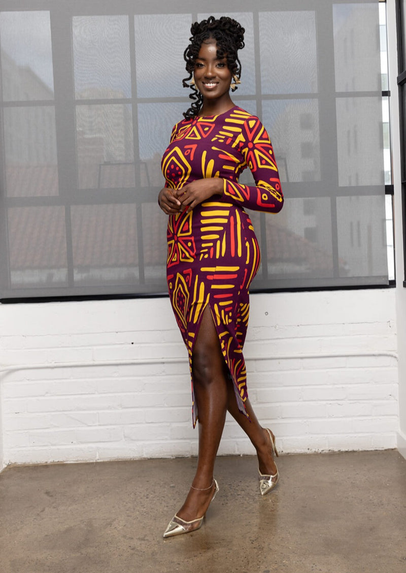 Chidima Women's African Print Stretch Midi Dress (Plum Gold Tribal)